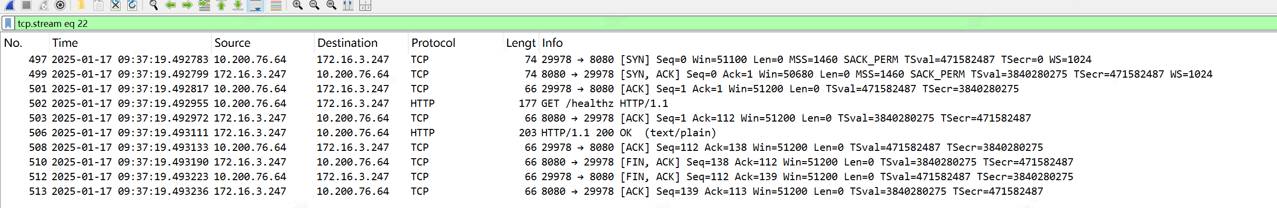 Wireshark 抓包显示一次 GET /healthz 请求从 TCP 三次握手、HTTP 200 响应到连接关闭的完整过程